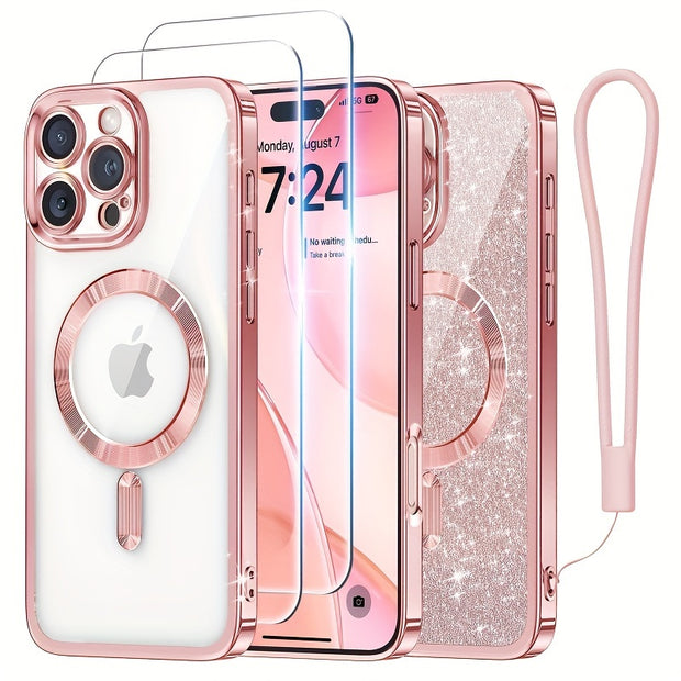 Designed For IPhone 16 Pro Max Case 6.9", [Glitter Card & Wrist Strap] [Compatible With MagSafe] [2X Screen Protectors] Surround Raised Lens Protection Designed For 16 ProMax Case, Rose Gold