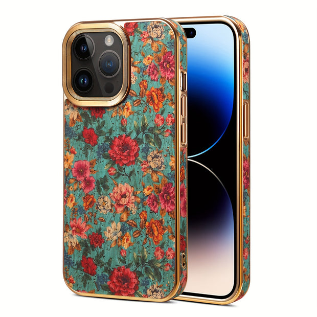 Denior Glamorous Electroplated iPhone Case - Full Coverage, Wooden Charm, Blossoming Flower Design - Universally Stylish for Him & Her