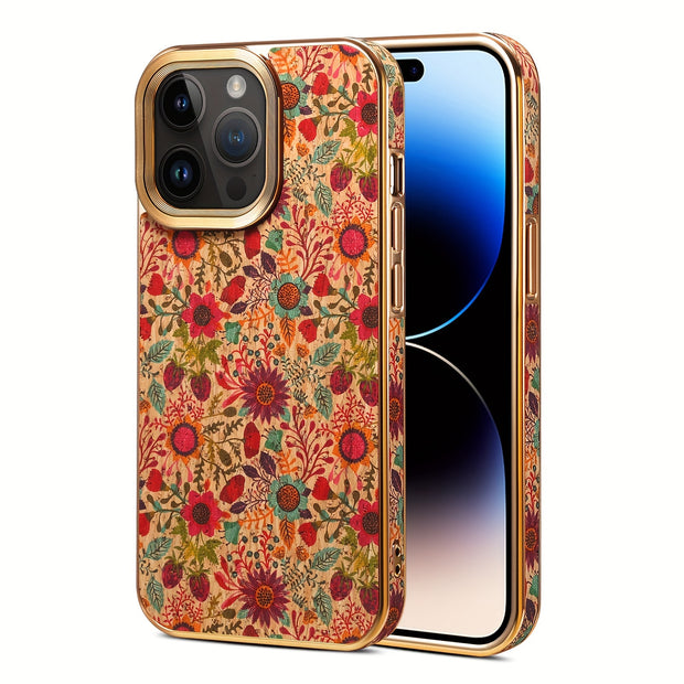 Denior Glamorous Electroplated iPhone Case - Full Coverage, Wooden Charm, Blossoming Flower Design - Universally Stylish for Him & Her