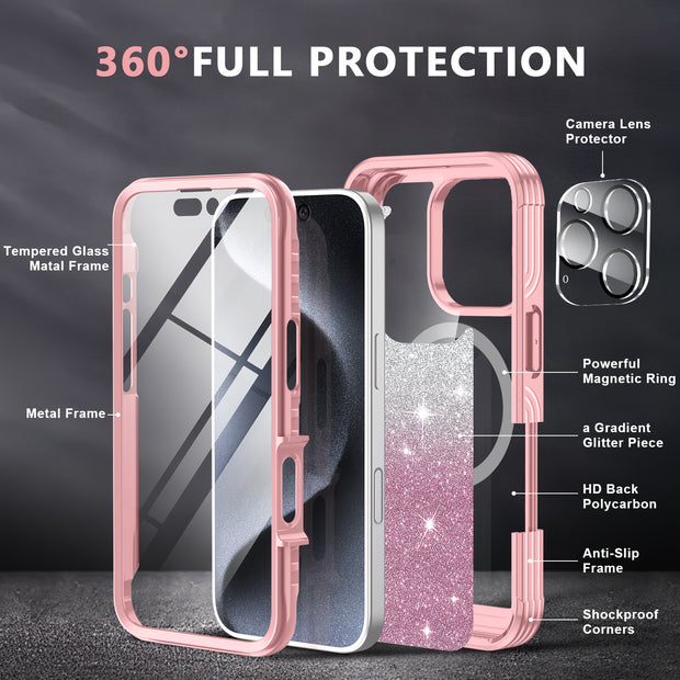 Suitable for iPhone 16 Pro Max Case/16 PRO/16 Plus/16 phone case, with built-in 9H tempered glass screen protector and camera lens protector, providing comprehensive protection for the phone and high protection against drops,