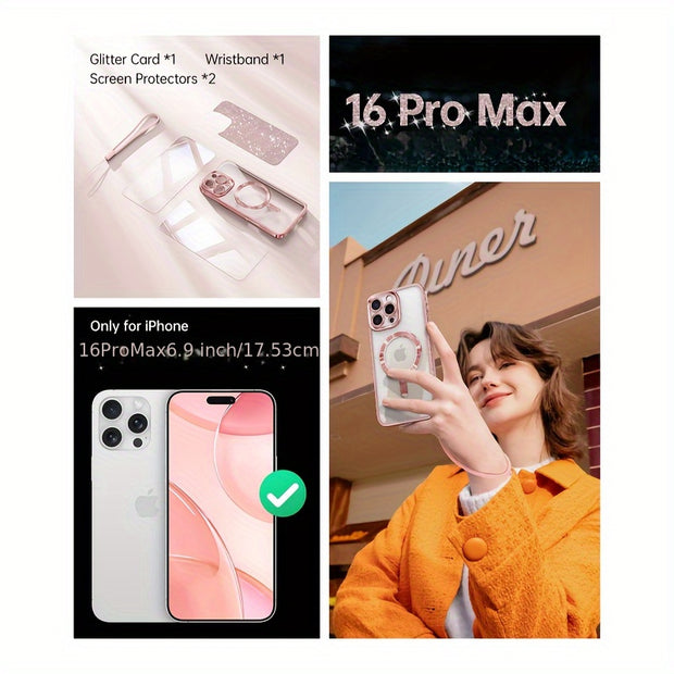 Designed For IPhone 16 Pro Max Case 6.9", [Glitter Card & Wrist Strap] [Compatible With MagSafe] [2X Screen Protectors] Surround Raised Lens Protection Designed For 16 ProMax Case, Rose Gold