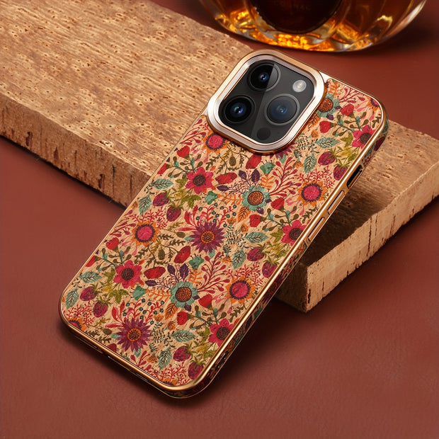 Denior Glamorous Electroplated iPhone Case - Full Coverage, Wooden Charm, Blossoming Flower Design - Universally Stylish for Him & Her