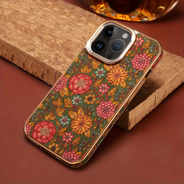 Denior Glamorous Electroplated iPhone Case - Full Coverage, Wooden Charm, Blossoming Flower Design - Universally Stylish for Him & Her