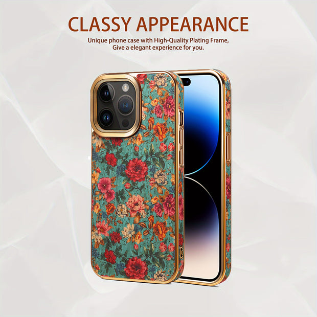 Denior Glamorous Electroplated iPhone Case - Full Coverage, Wooden Charm, Blossoming Flower Design - Universally Stylish for Him & Her
