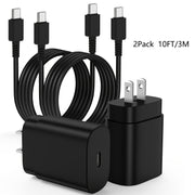 2-Pack 10ft USB-C Fast Charger, 25W Wall Charger Block with C to C Cable, Power Adapter for Samsung Galaxy S23 Ultra/S23+/S22+/S10+/S9/Note 10 Plus/Note 20, US Plug, 110V/220V Compatible