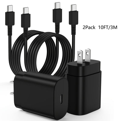 2-Pack 10ft USB-C Fast Charger, 25W Wall Charger Block with C to C Cable, Power Adapter for Samsung Galaxy S23 Ultra/S23+/S22+/S10+/S9/Note 10 Plus/Note 20, US Plug, 110V/220V Compatible