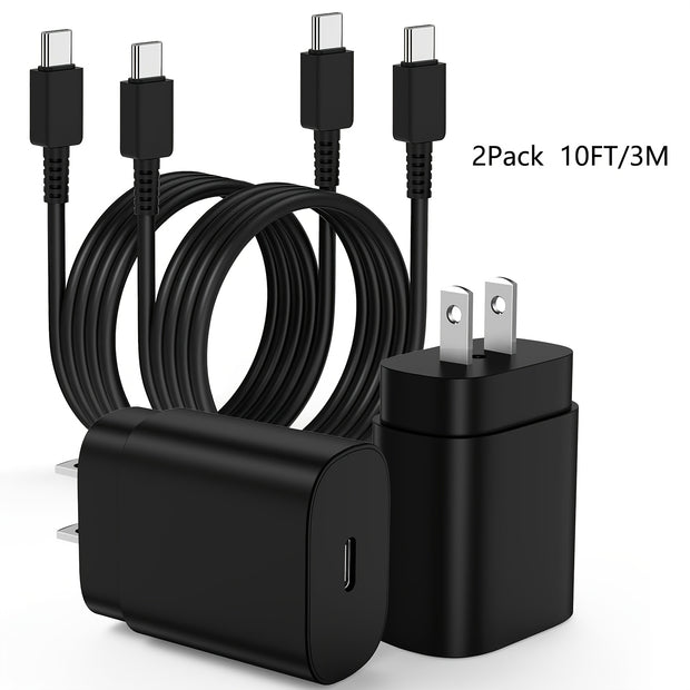 2-Pack 10ft USB-C Fast Charger, 25W Wall Charger Block with C to C Cable, Power Adapter for Samsung Galaxy S23 Ultra/S23+/S22+/S10+/S9/Note 10 Plus/Note 20, US Plug, 110V/220V Compatible