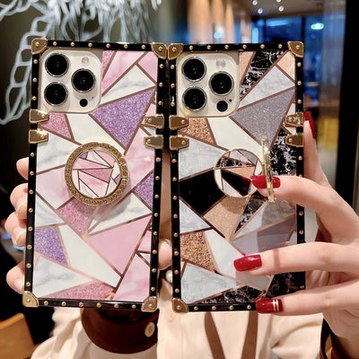 Multi-Model Trendy Spliced iPhone Case: Durable Design with Ring Holder for Enhanced Grip and Style